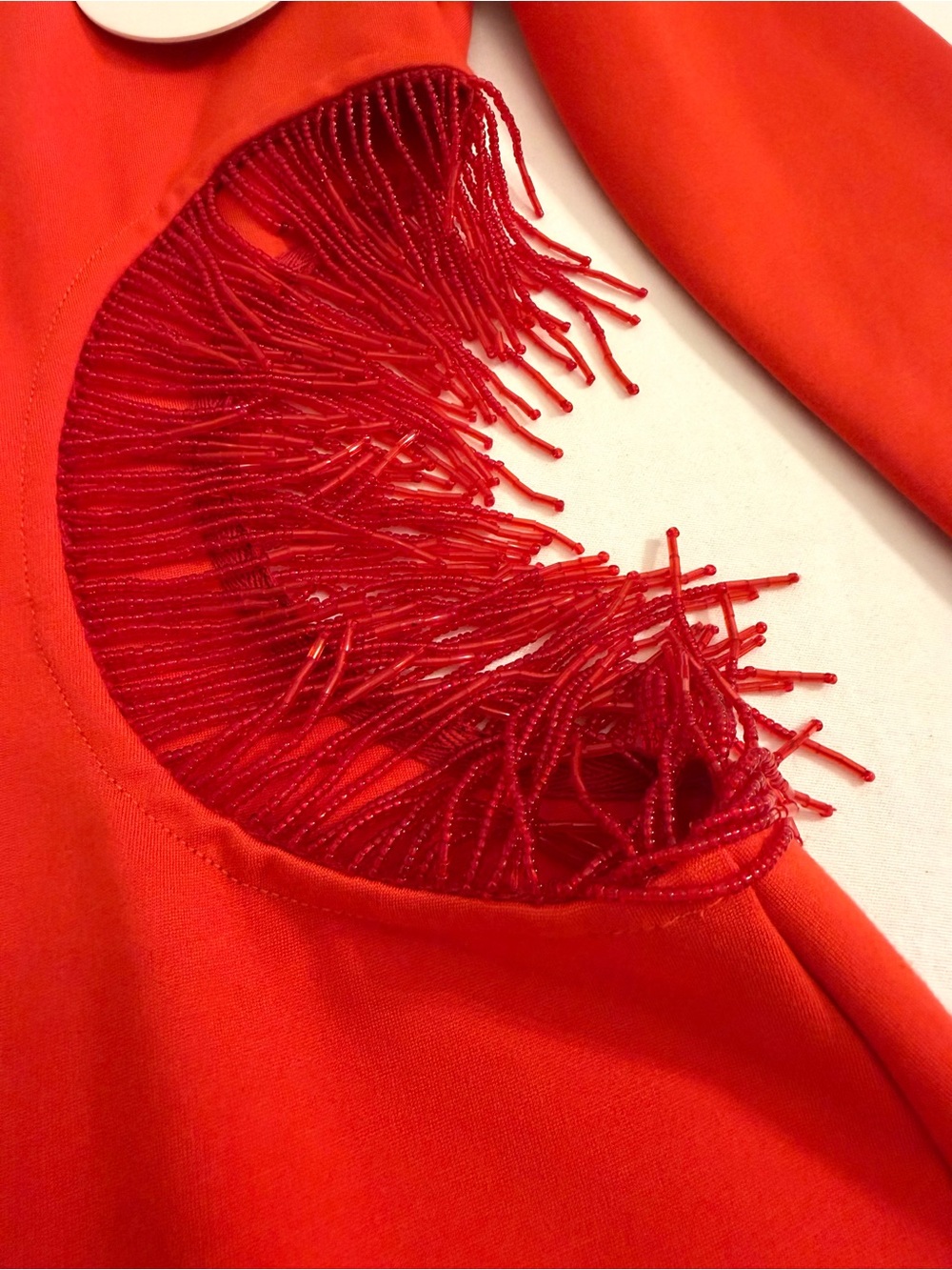STAUD Mini Kirsten Dress in Fire Red Long-Sleeve with Fringe Cutouts Size Small - Picture 4 of 15